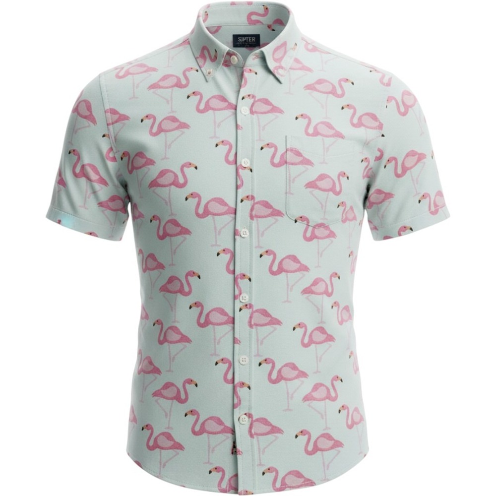 Super Massive Mens Flamingo Print Short Sleeve Button Down Shirt Small Mint Pink